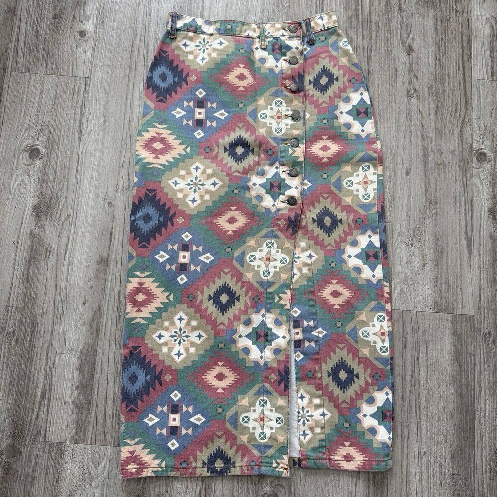 Vtg 90s Concepts Southwestern Aztec Canvas Button Maxi Skirt USA Made Boho Sz 7